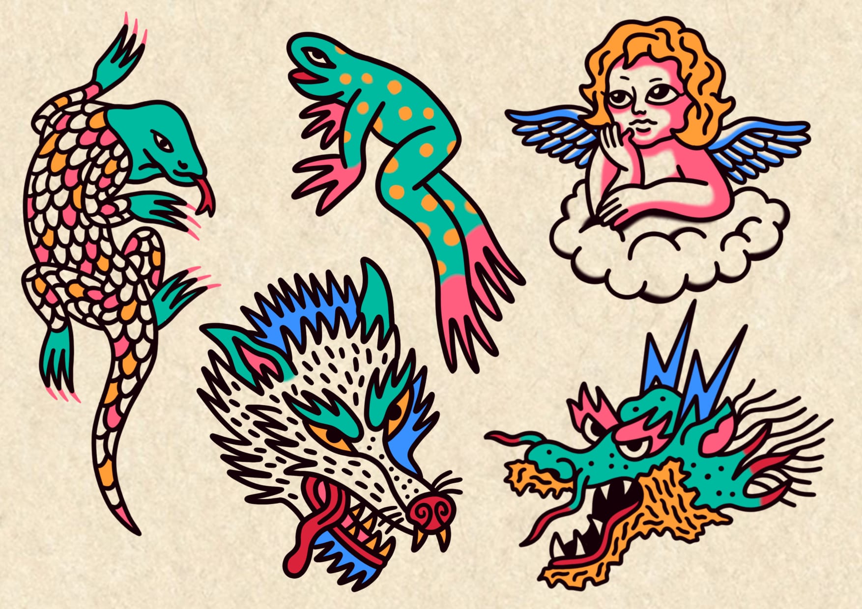 Tattoo-ontwerpen van een vis, een oog, een tijger, een eend, een bloem en een wolf. Illustratrieve stijl door Caudali Tattoo.