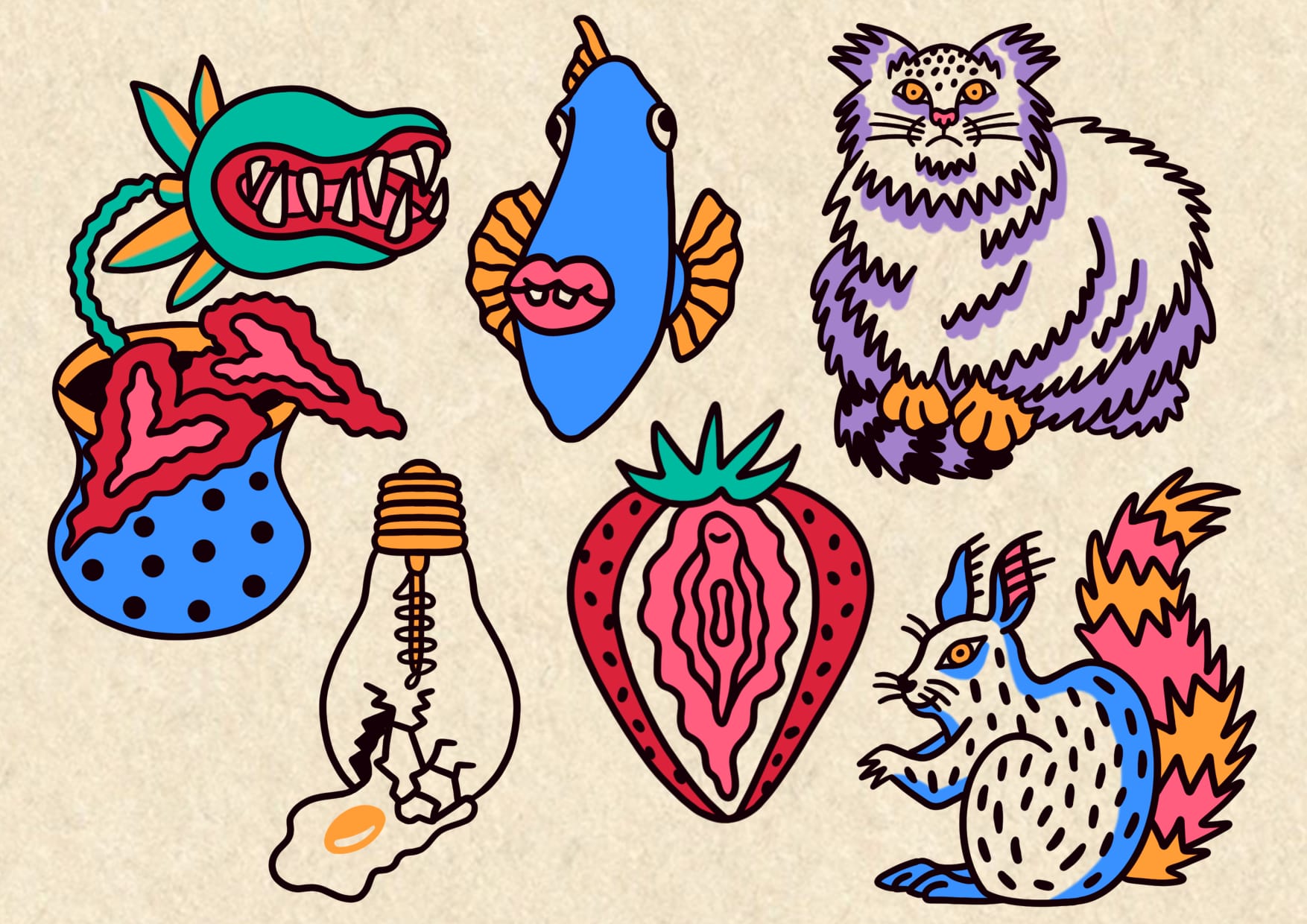 Tattoo-ontwerpen van een luiaard, een bloem, een slang (infinity) en een luipaard of jaguar. Illustratrieve stijl door Caudali Tattoo.