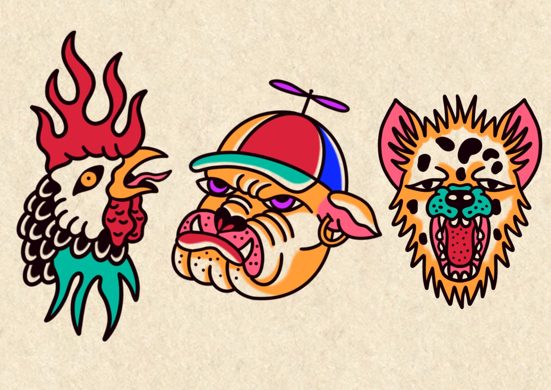 Tattoo-ontwerpen van een vlinder, pinguïn, zwaard in roos, hart, regenboog en duif. Illustratieve stijl door Caudali Tattoo.