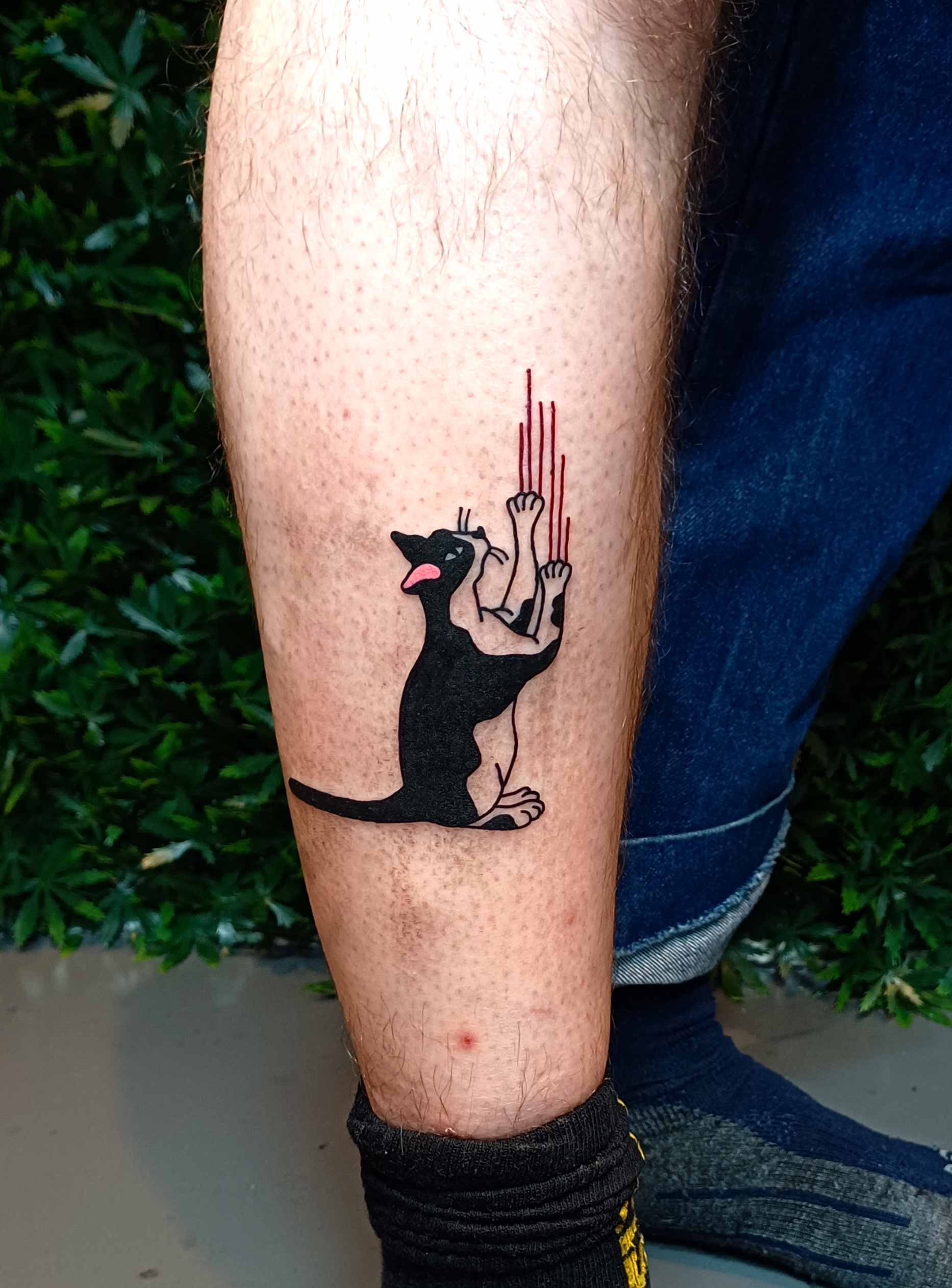 Foto van een tattoo op de buitenkant van het onderbeen. Het is een blackwork tattoo van een kat.